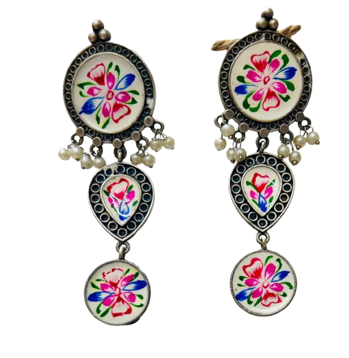 Traditional Indian Art Painting Oxidized Dangle Hand-Painted Long Earrings for Women