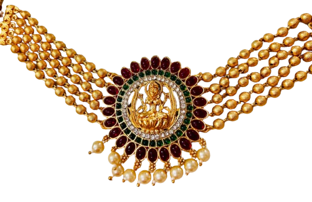 Gold Polished Pearl Choker Necklace with Maa Lakshmi Pendant for Women.