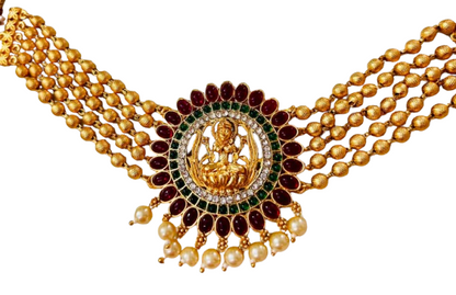 Gold Polished Pearl Choker Necklace with Maa Lakshmi Pendant for Women.