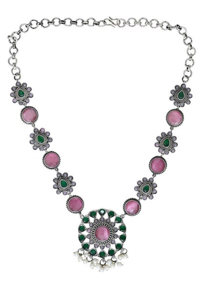 ROSAMODE American Diamond Ethnic Necklace & Earring Set for Women & Girls | Pink & Green Stones
