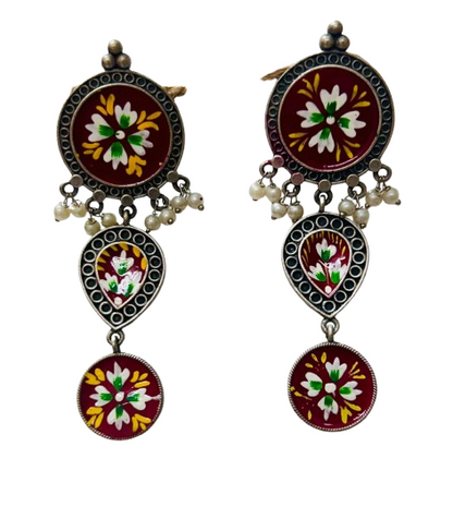 Traditional Indian Art Painting Oxidized Dangle Hand-Painted Long Earrings for Women