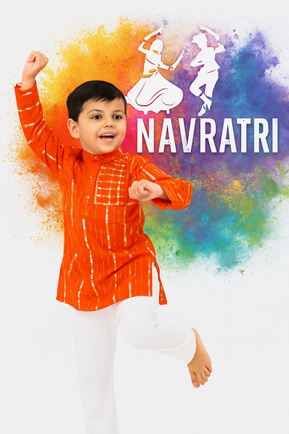 ROSAMODE Ethnic Orange & Royal-Blue Cotton Cambric Kurta with Gota Patti Work and White Pajama for Boys (6 Months – 7 Years)