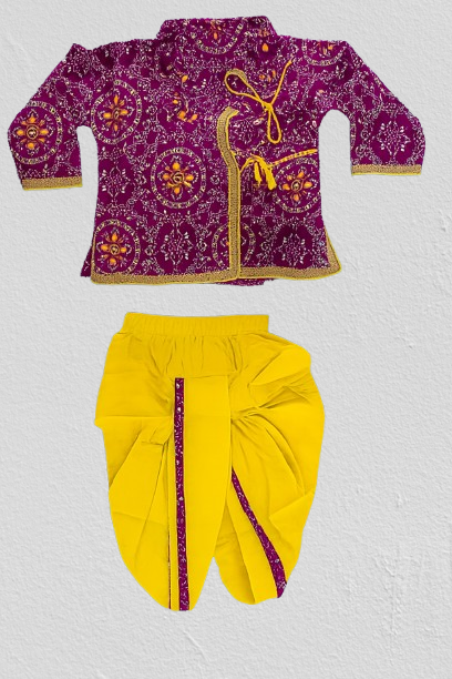 ROSAMODE Jaipuri Print Angrakha Style A-Line Ethnic Cotton Kurta Dhoti Set with V-Neck & Long Sleeves | Boy's Traditional Outfit for Festivals & Weddings
