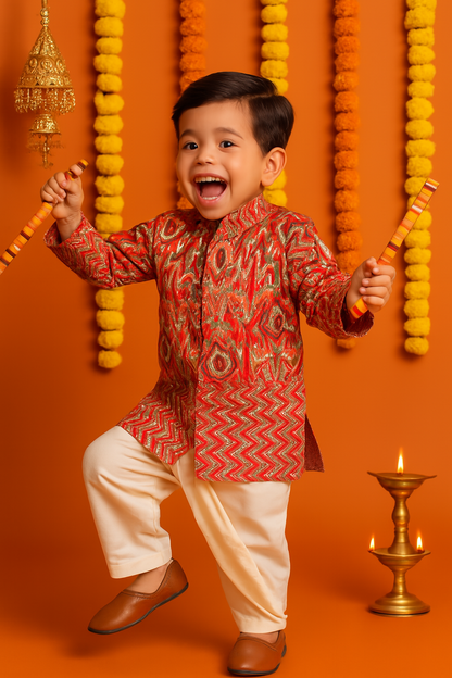 ROSAMODE Boys Kurta Pajama with Koti Jacket Set | Cotton Ethnic Wear with Peacock Feather Print for Baby & Kids | Festive Traditional Outfit for Weddings, Diwali, Functions & Parties