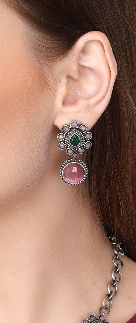 ROSAMODE American Diamond Ethnic Necklace & Earring Set for Women & Girls | Pink & Green Stones