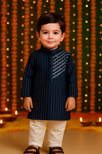 ROSAMODE Ethnic Orange & Royal-Blue Cotton Cambric Kurta with Gota Patti Work and White Pajama for Boys (6 Months – 7 Years)