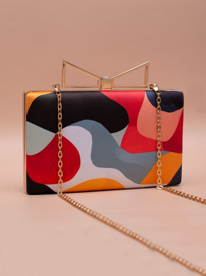 Colorful Abstract Print Clutch Mat Finish Bag with Gold Chain – Size - 7.5x4.5 Inches