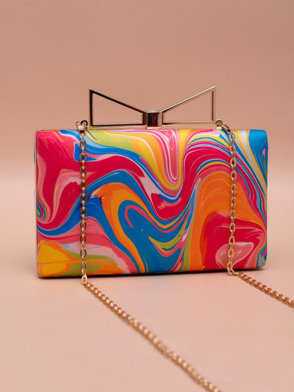 Colorful Abstract Print Clutch Mat Finish Bag with Gold Chain – Size - 7.5x4.5 Inches