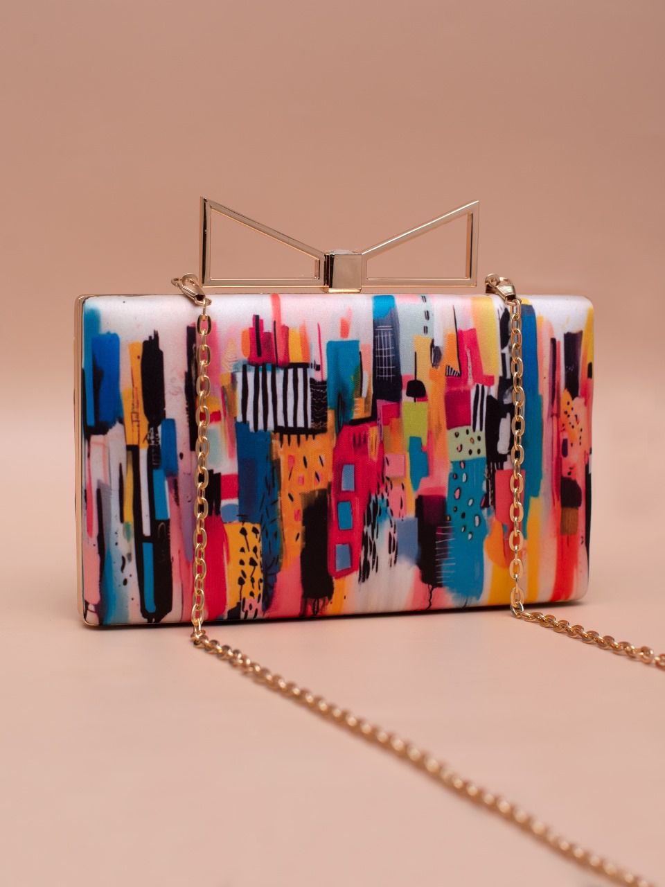Colorful Abstract Print Clutch Mat Finish Bag with Gold Chain – Size - 7.5x4.5 Inches