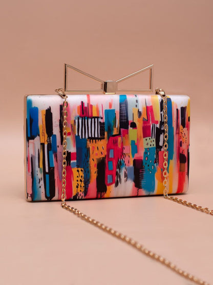 Colorful Abstract Print Clutch Mat Finish Bag with Gold Chain – Size - 7.5x4.5 Inches