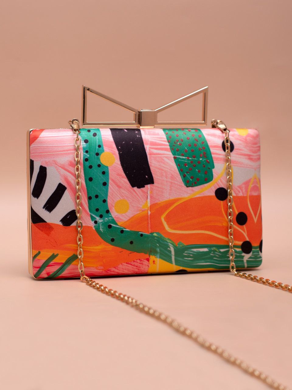 Colorful Abstract Print Clutch Mat Finish Bag with Gold Chain – Size - 7.5x4.5 Inches