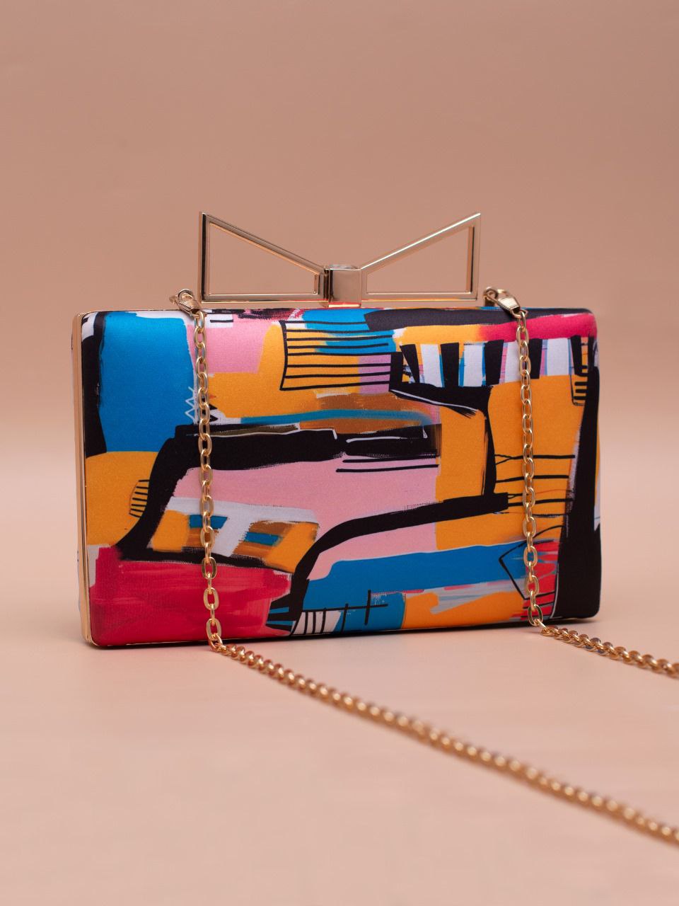 Colorful Abstract Print Clutch Mat Finish Bag with Gold Chain – Size - 7.5x4.5 Inches
