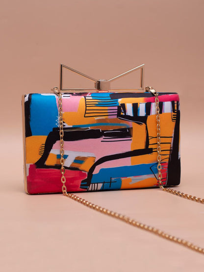 Colorful Abstract Print Clutch Mat Finish Bag with Gold Chain – Size - 7.5x4.5 Inches