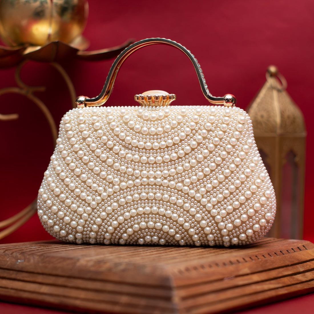 White Pearl Beaded Clutch Bag – 8x5 Inch Bridal Evening Purse with Sling Chain | Handcrafted Party Handbag