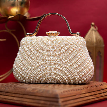 White Pearl Beaded Clutch Bag – 8x5 Inch Bridal Evening Purse with Sling Chain | Handcrafted Party Handbag