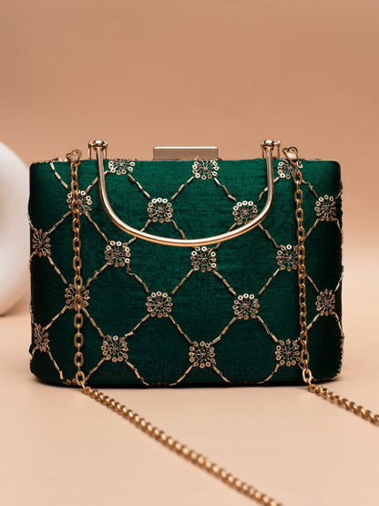 Embroidered Evening Clutch Bag with Gold Chain – Bridal Party Purse for Weddings & Festive Occasions