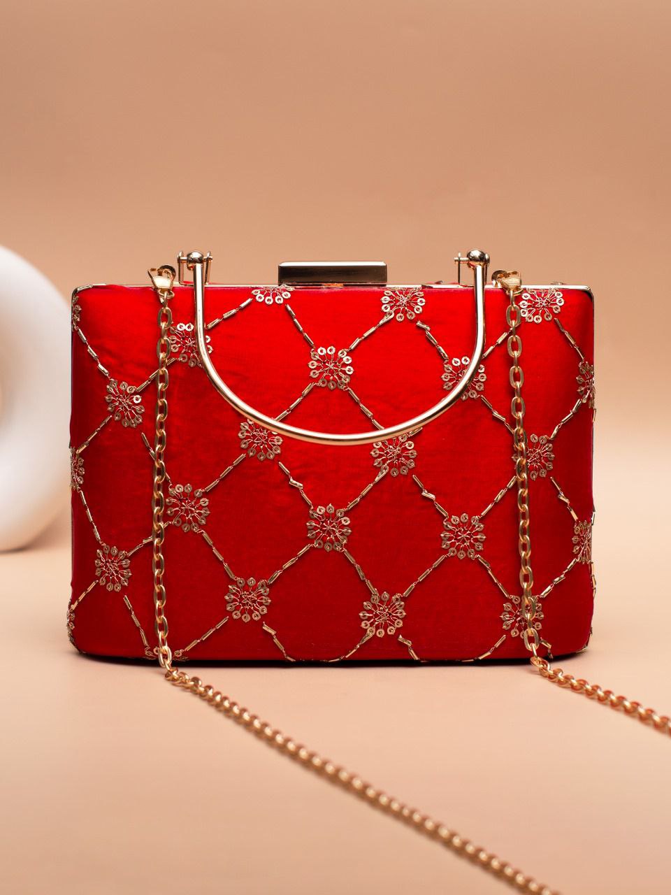 Embroidered Evening Clutch Bag with Gold Chain – Bridal Party Purse for Weddings & Festive Occasions