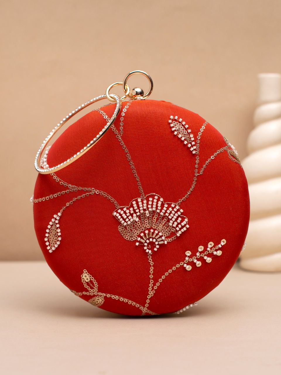 Elegant Round Clutch with Embellished Floral Design & Metal Ring Handle
