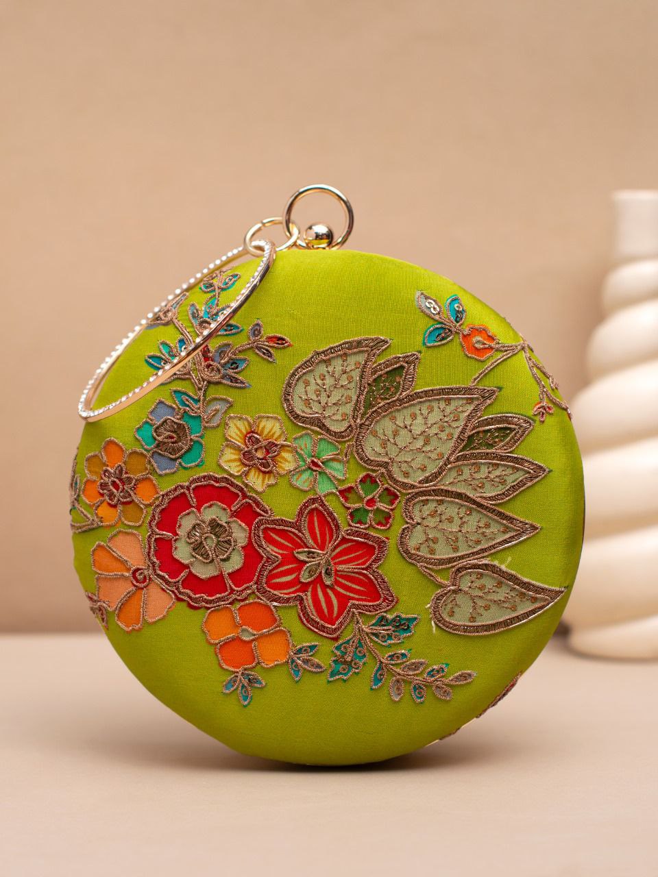 Elegant Round Clutch with Embellished Floral Design & Metal Ring Handle