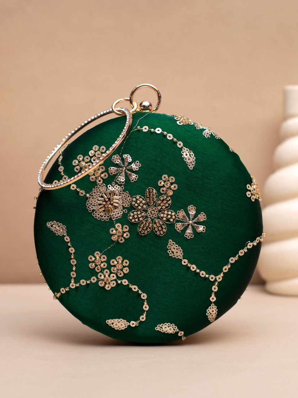 Elegant Round Clutch with Embellished Floral Design & Metal Ring Handle