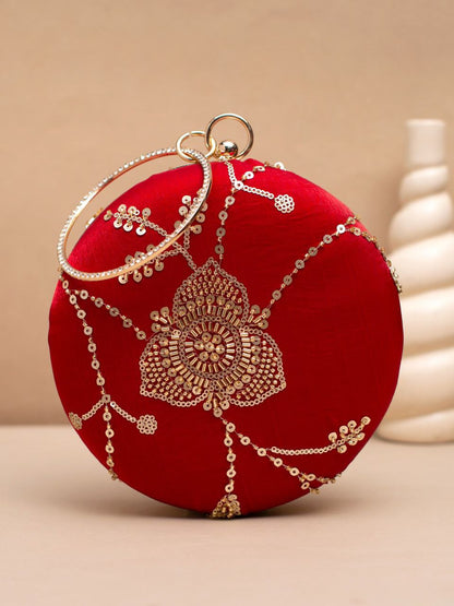 Elegant Round Clutch with Embellished Floral Design & Metal Ring Handle