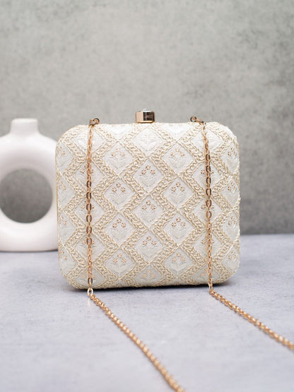 Elegant Embroidered Box Clutch with Golden Chain