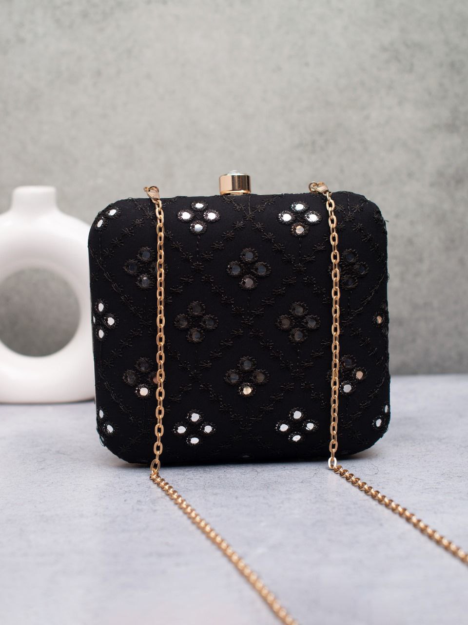 Elegant Embroidered Box Clutch with Golden Chain
