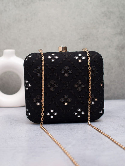 Elegant Embroidered Box Clutch with Golden Chain