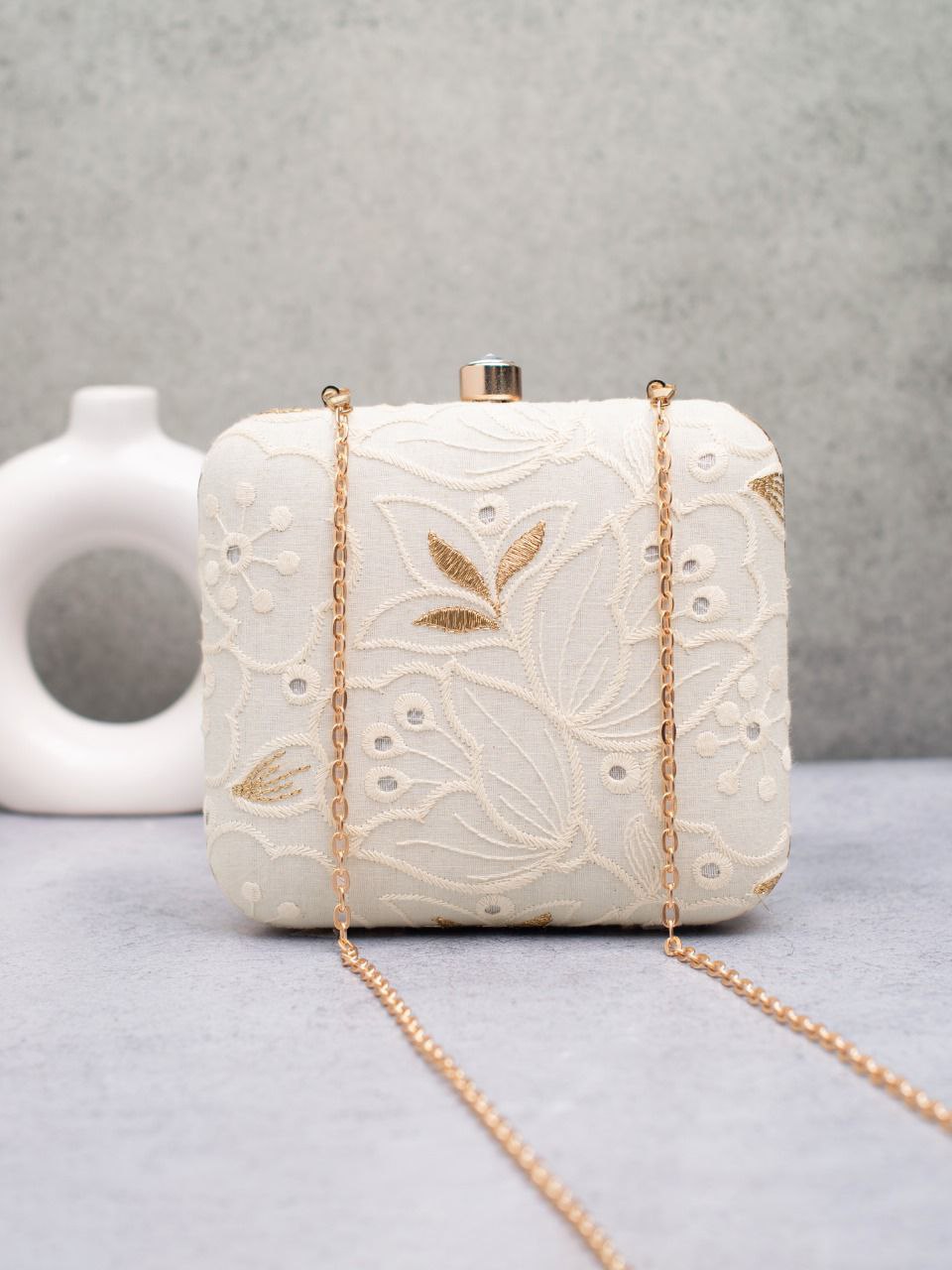 Elegant Embroidered Box Clutch with Golden Chain