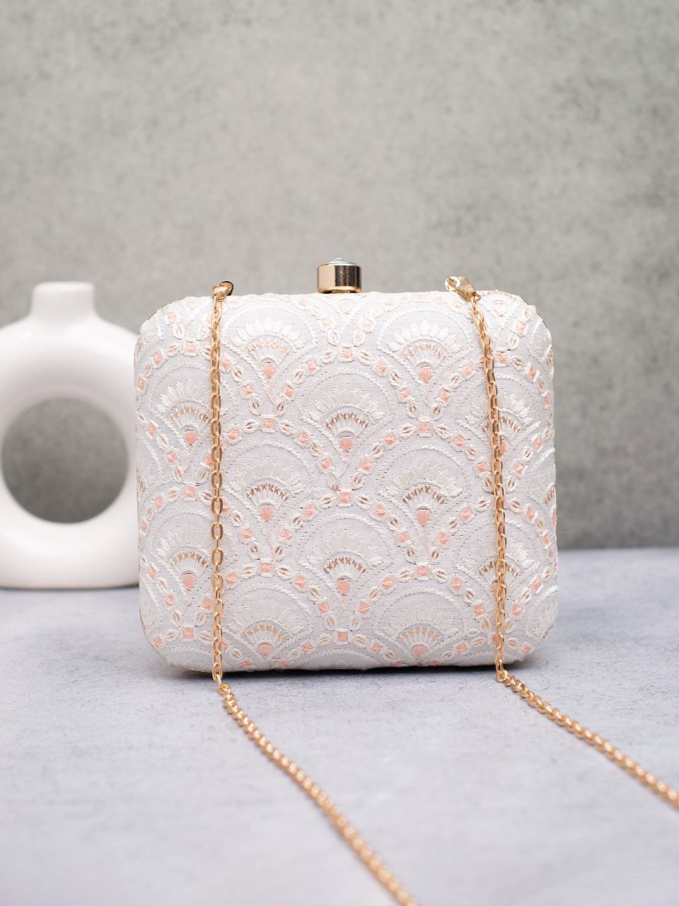 Elegant Embroidered Box Clutch with Golden Chain