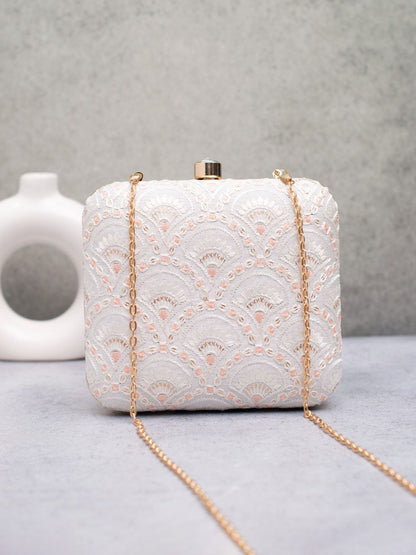 Elegant Embroidered Box Clutch with Golden Chain