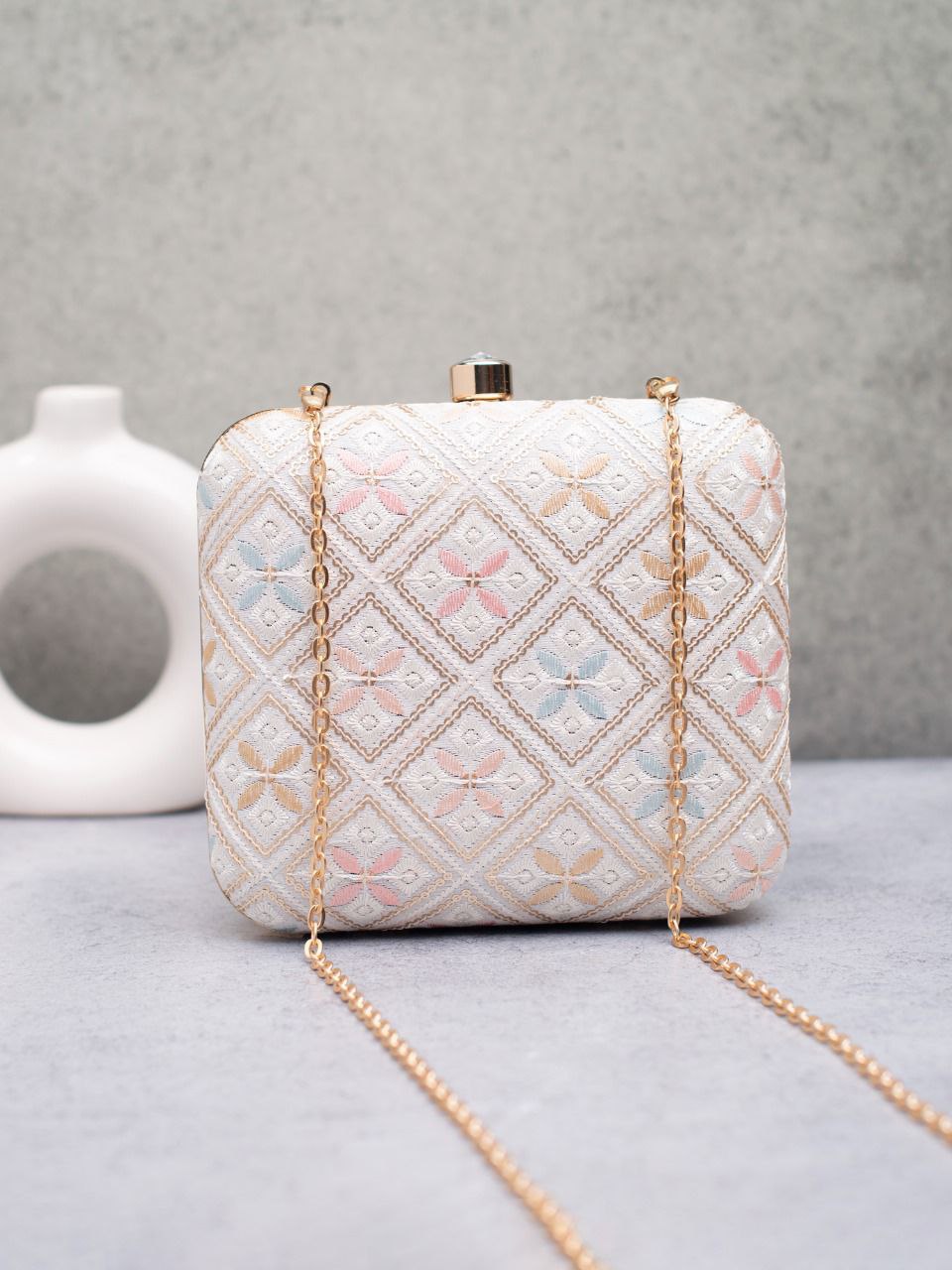 Elegant Embroidered Box Clutch with Golden Chain