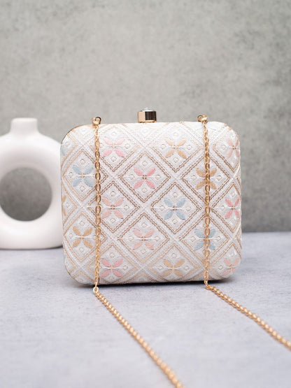 Elegant Embroidered Box Clutch with Golden Chain