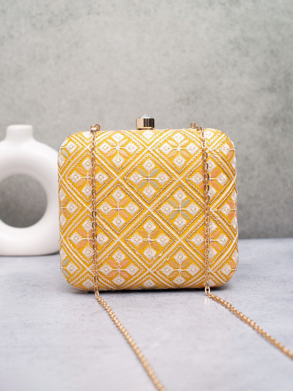 Elegant Embroidered Box Clutch with Golden Chain