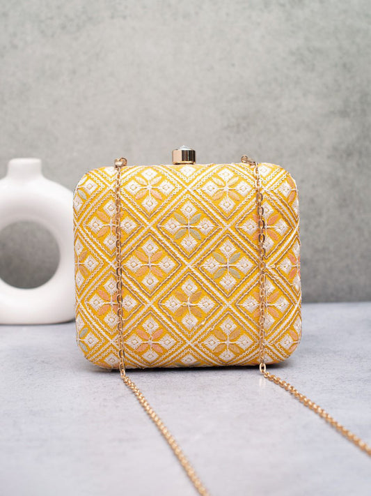 Elegant Embroidered Box Clutch with Golden Chain
