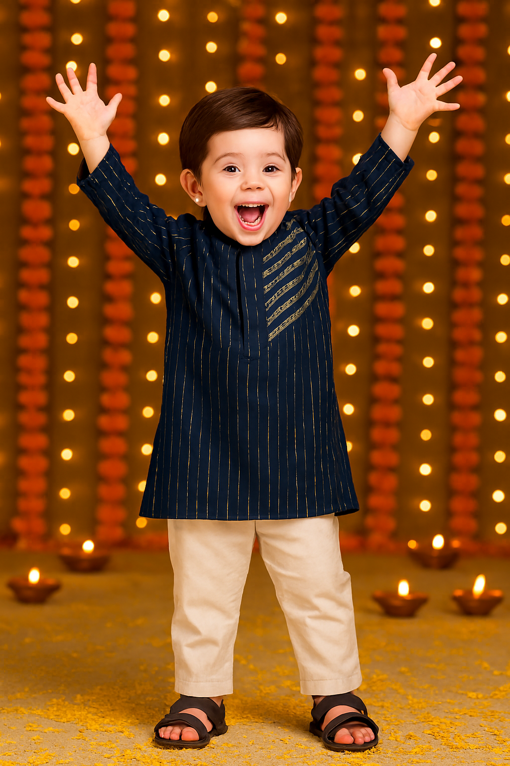 ROSAMODE Ethnic Orange & Royal-Blue Cotton Cambric Kurta with Gota Patti Work and White Pajama for Boys (6 Months – 7 Years)