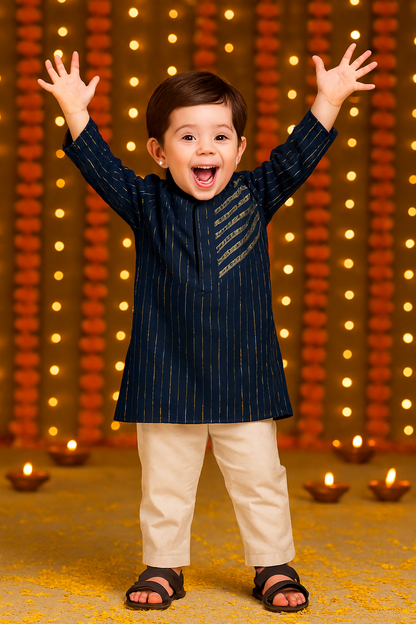 ROSAMODE Ethnic Orange & Royal-Blue Cotton Cambric Kurta with Gota Patti Work and White Pajama for Boys (6 Months – 7 Years)