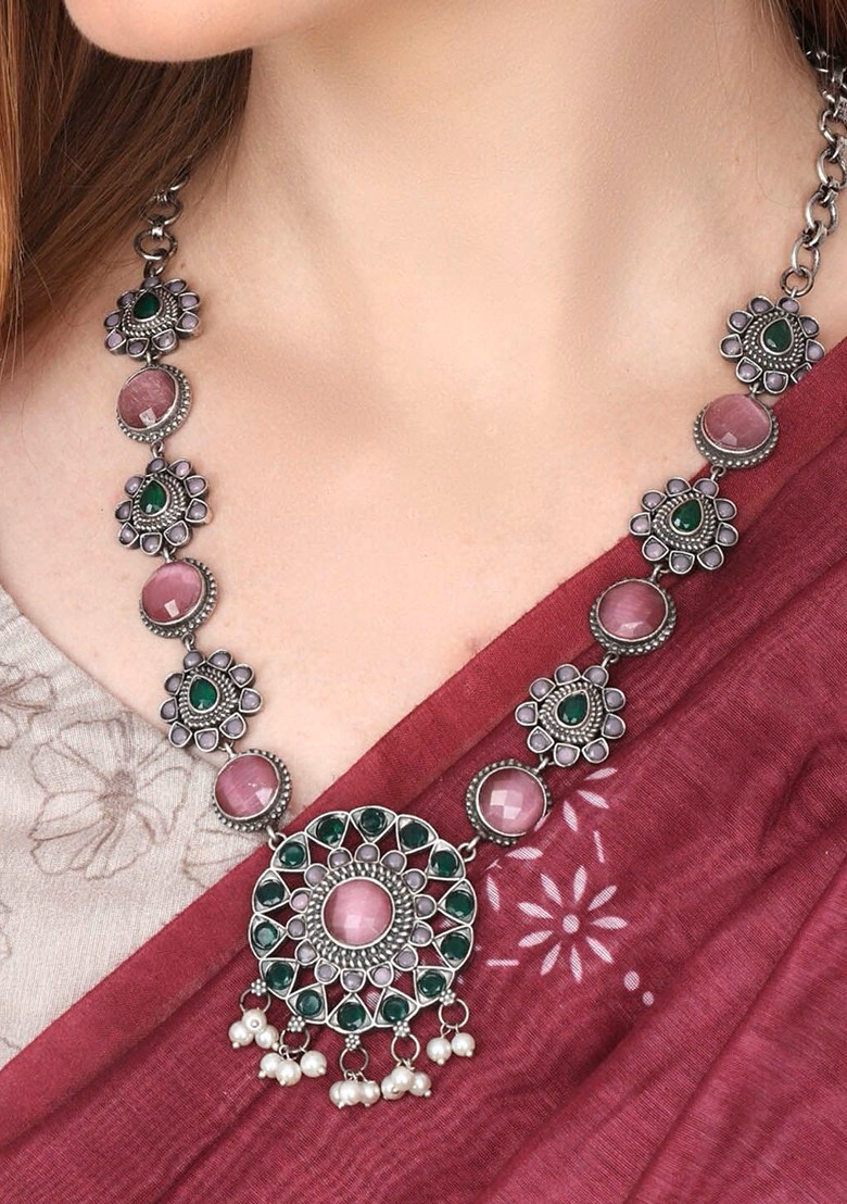 ROSAMODE American Diamond Ethnic Necklace & Earring Set for Women & Girls | Pink & Green Stones