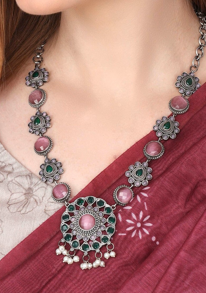 ROSAMODE American Diamond Ethnic Necklace & Earring Set for Women & Girls | Pink & Green Stones