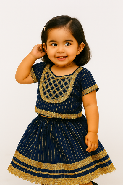 ROSAMODE Girls' Royal Blue Cambric Cotton Lehenga Choli Set with Gota Patti Work | Traditional Ghagra Choli Outfit for Toddlers & Kids (6 Months – 7 Years) | Festival & Wedding occasion