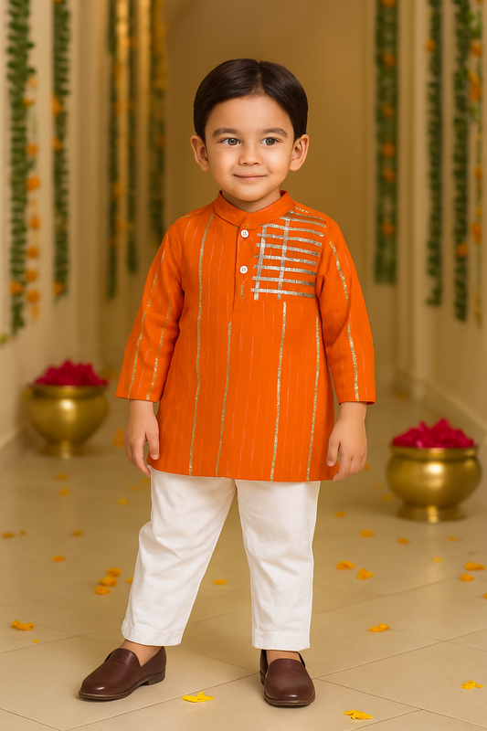 ROSAMODE Ethnic Orange & Royal-Blue Cotton Cambric Kurta with Gota Patti Work and White Pajama for Boys (6 Months – 7 Years)