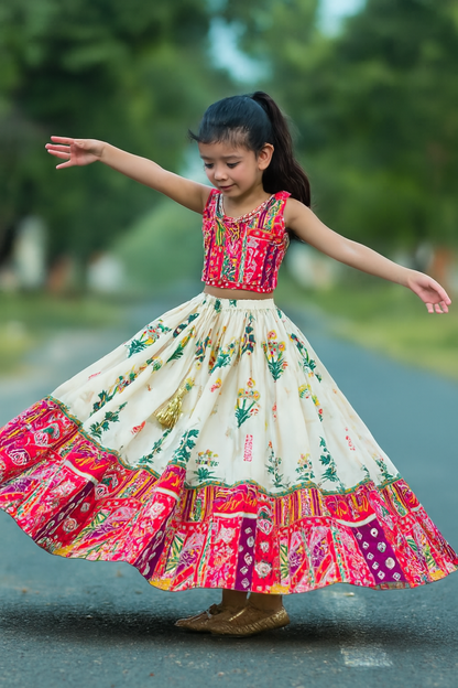 ROSAMODE Kids Girls Fully Stitched Lehenga Choli Set with Dupatta – Block Print Kora Muslin Ethnic Wear for Wedding, Party & Festival (4 -Years)