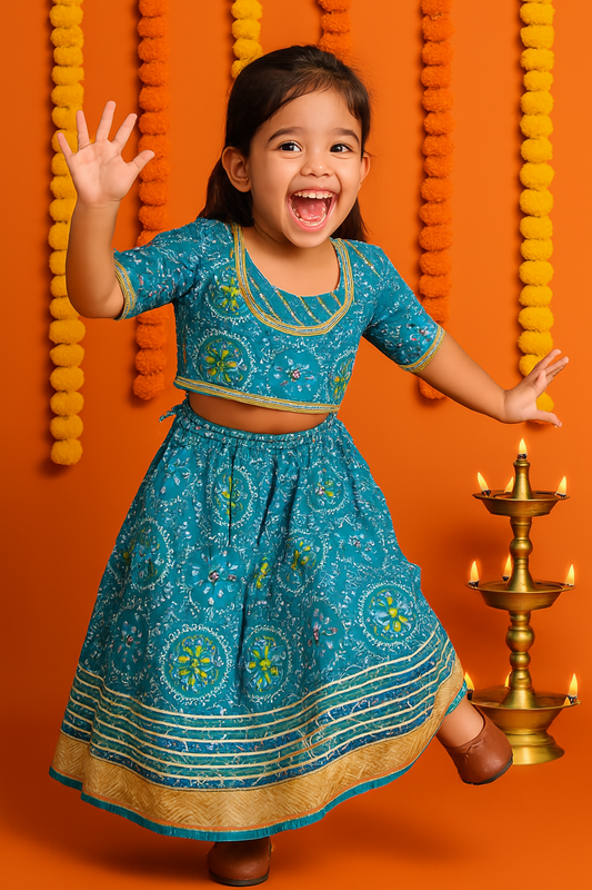 ROSAMODE Bandhani Lehenga Blue Chaniya Choli for Girls – Traditional Indian Festival Wear Dress | Kids Navratri Garba Outfit