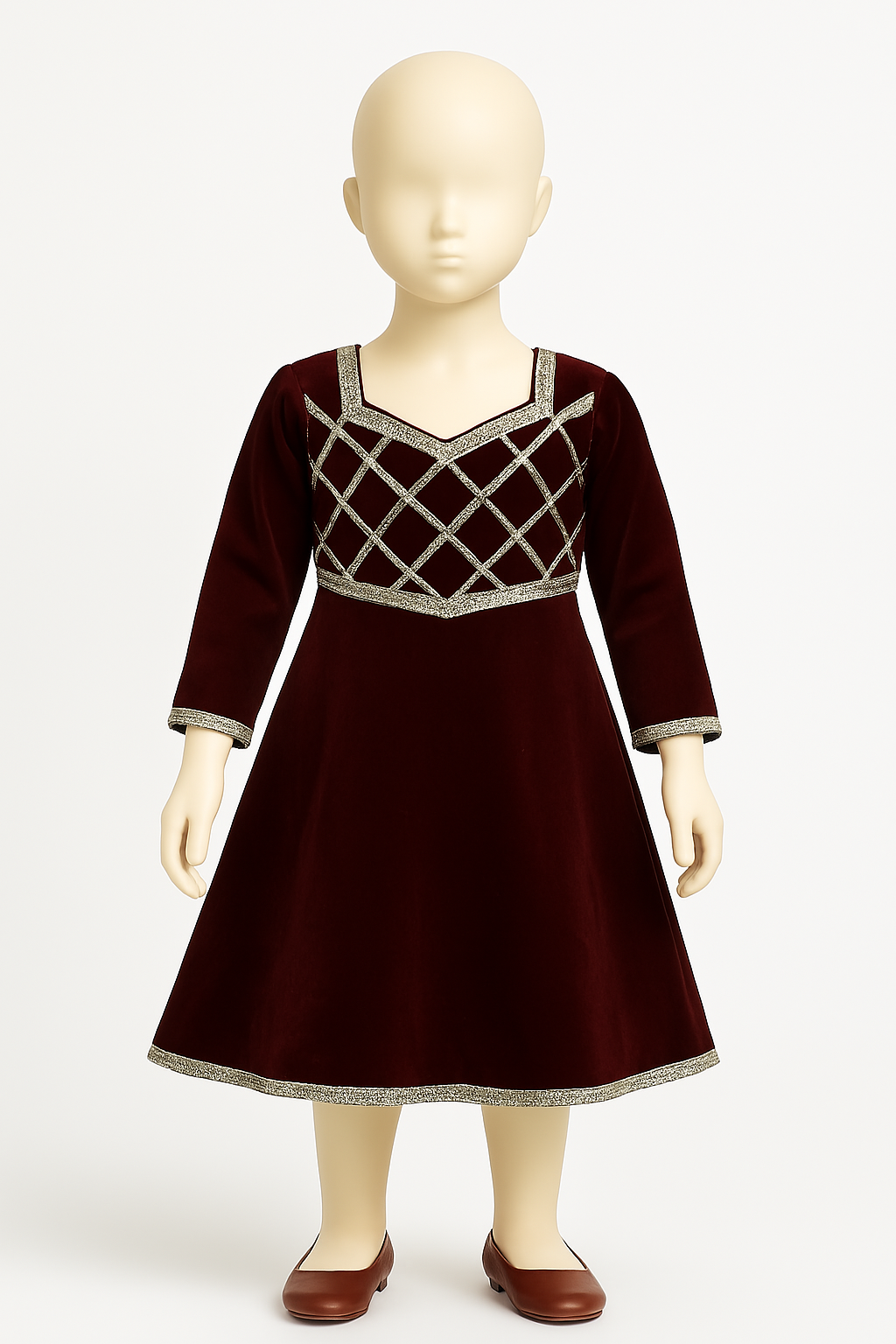 Girls Kurta and Afghani Salwar Set, Maroon Color Velvet V-Neck Kurta with Gota Patti Work