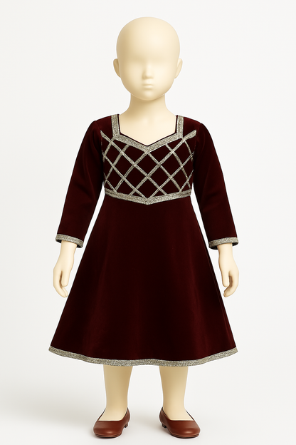 Girls Kurta and Afghani Salwar Set, Maroon Color Velvet V-Neck Kurta with Gota Patti Work