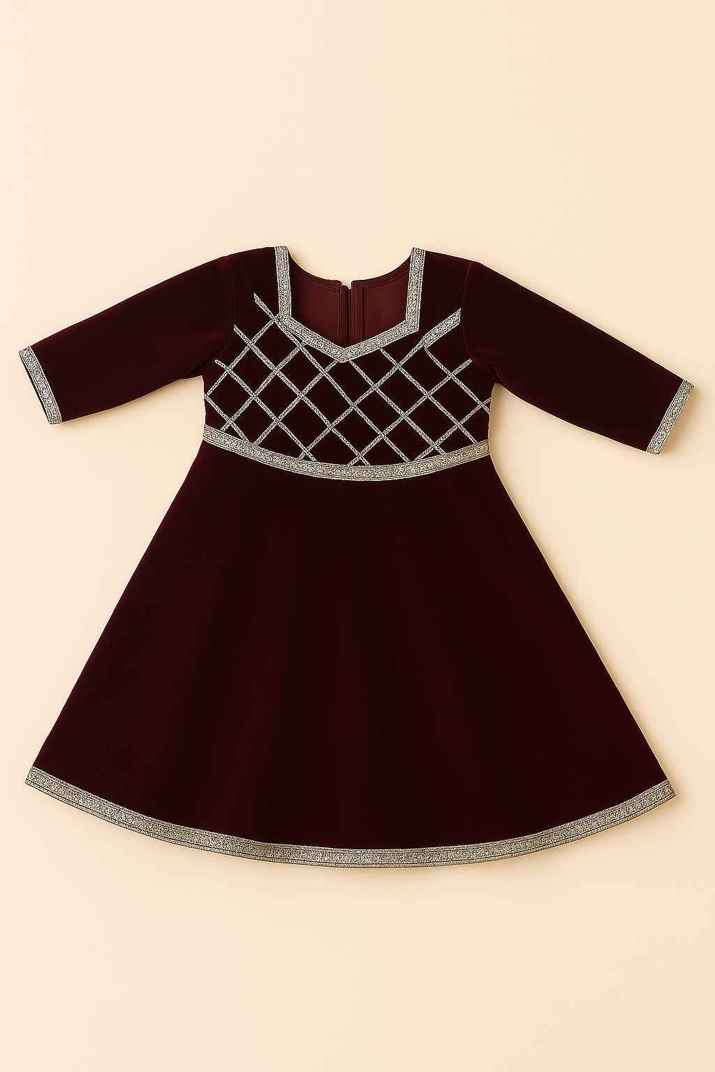 Girls Kurta and Afghani Salwar Set, Maroon Color Velvet V-Neck Kurta with Gota Patti Work
