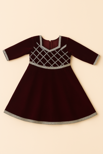 Girls Kurta and Afghani Salwar Set, Maroon Color Velvet V-Neck Kurta with Gota Patti Work