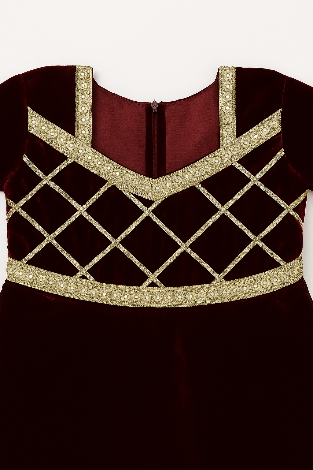 Girls Kurta and Afghani Salwar Set, Maroon Color Velvet V-Neck Kurta with Gota Patti Work