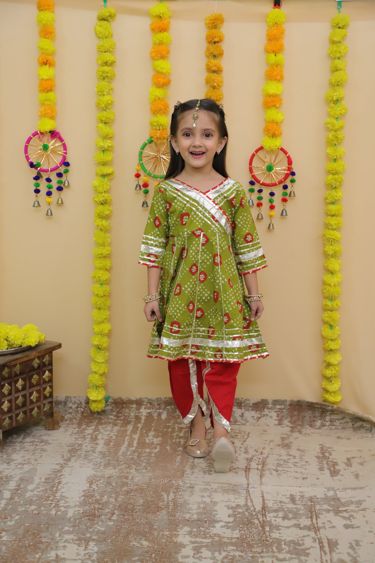 Traditional Ethnic GREEN Color Salwar Suit Set, Cotton Gota Patti Kurta with Dhoti Pants.