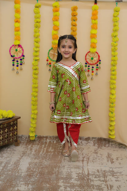 Traditional Ethnic GREEN Color Salwar Suit Set, Cotton Gota Patti Kurta with Dhoti Pants.